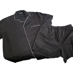 Alexander Del Rossa Large Black Cotton Pajamas 2 Piece Set Button Up Shorts